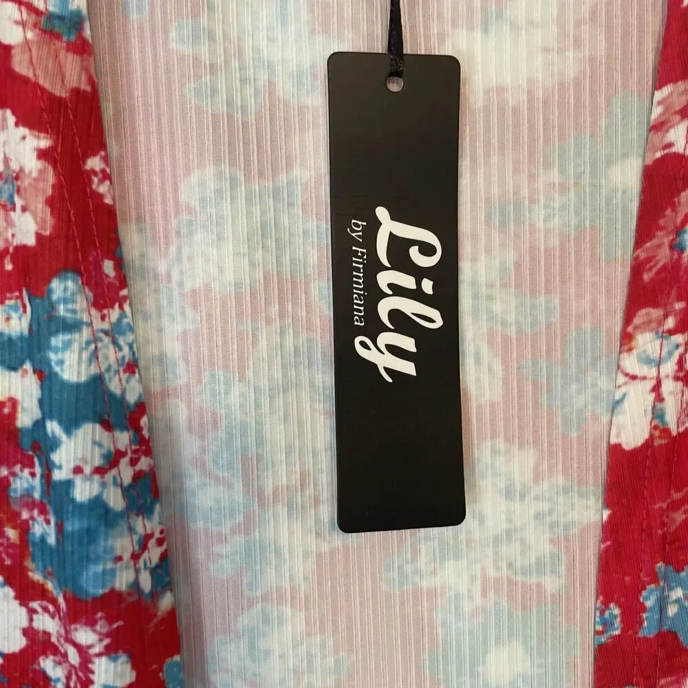 Lily by Firmiana Kimono Wrap Floral Satin L Multicolor Flowers Beach Coverup NEW
